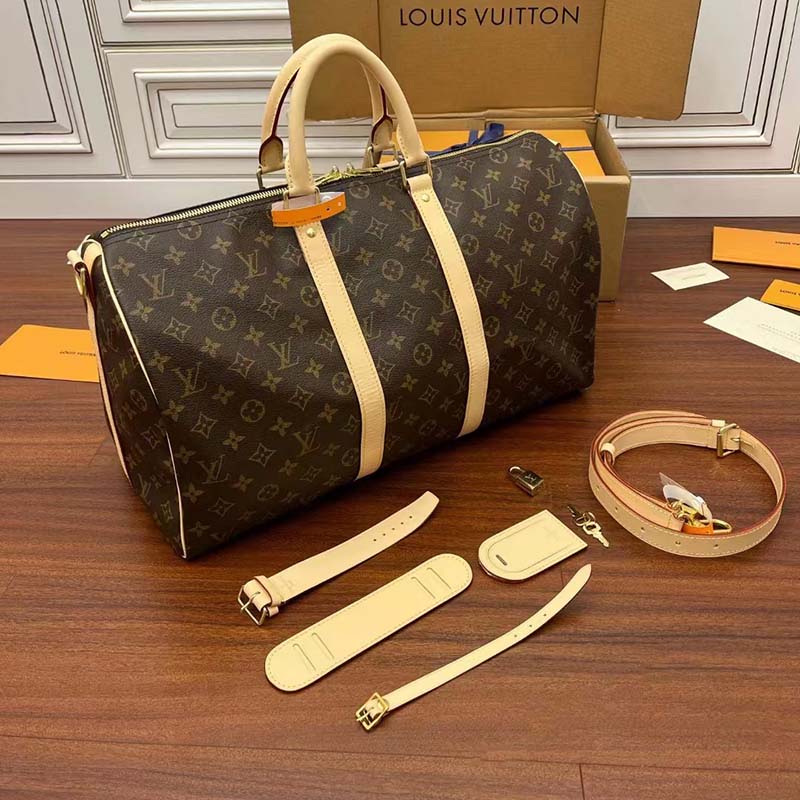 Louis Vuitton LV Unisex Keepall Bandoulière 45 Monogram Canvas Natural Cowhide Leather