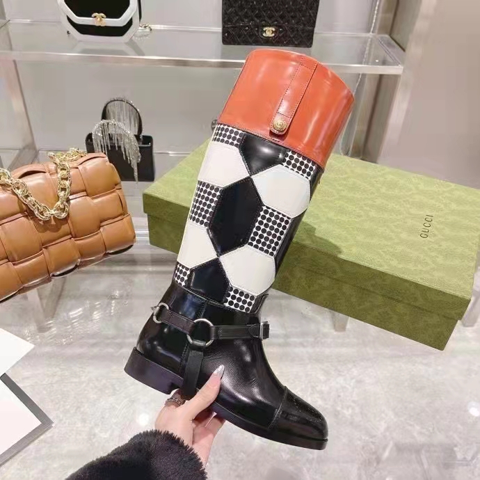 Gucci Women Knee-High Optical Print Boot Black Brown Leather Interlocking G