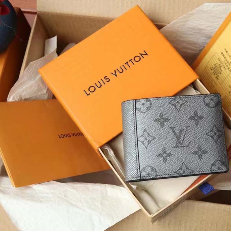 Louis Vuitton LV Unisex Multiple Wallet Gunmetal Gray Monogram Coated Canvas Taiga Cowhide