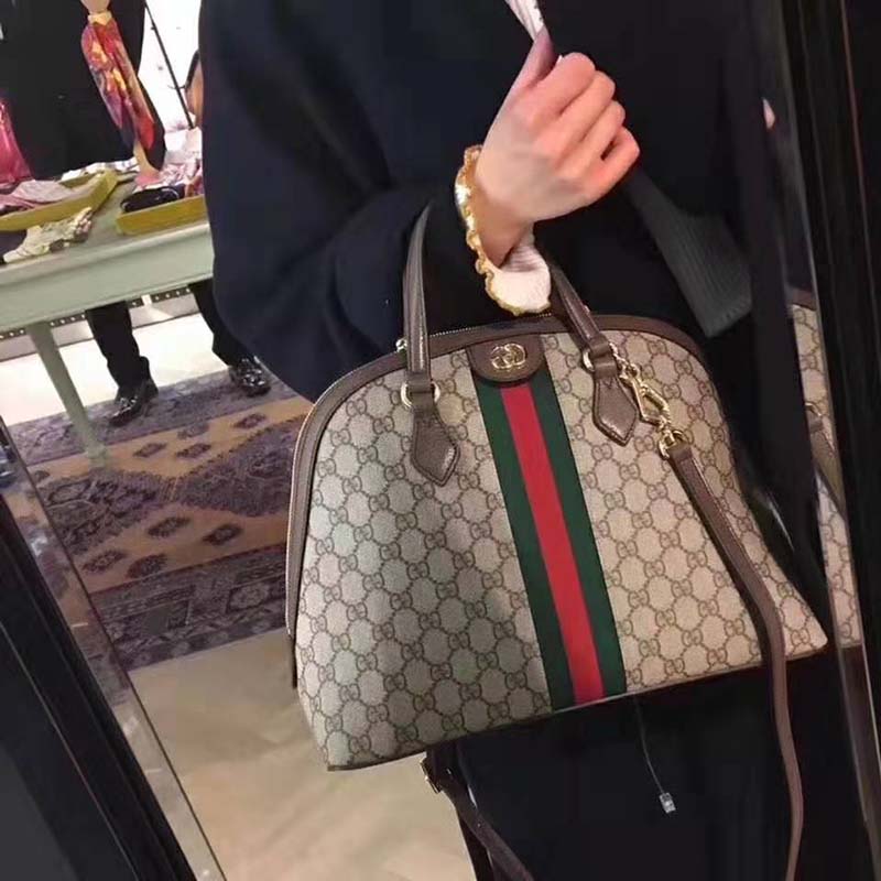 Gucci GG Women Ophidia GG Medium Top Handle in Beige/Ebony GG Supreme Canvas