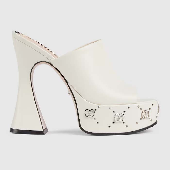 Gucci Women GG Platform Slide Sandal Off White Leather Spool High 11 Cm Heel