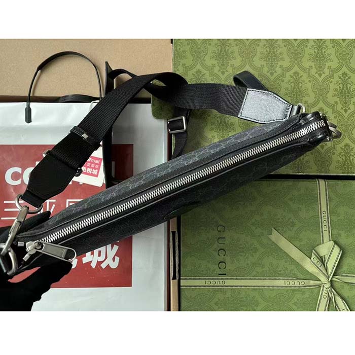 Gucci Unisex Messenger Bag Interlocking G Black GG Supreme Canvas Black Leather