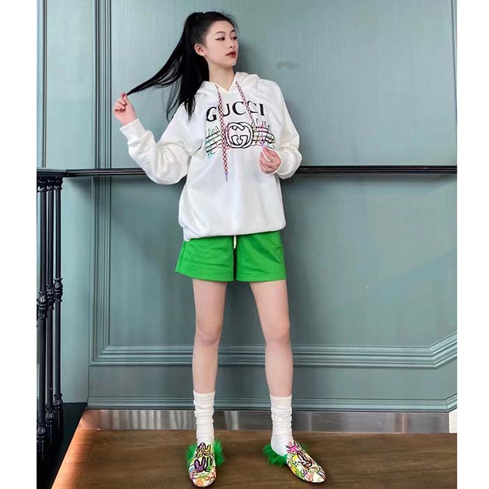 Gucci Women GG Logo Bunny Print Hooded Cotton Sweatshirt Off White Cotton Jersey