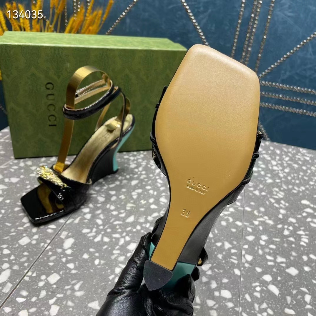 Gucci Women GG High-Heel Sandal Hardware Black Patent Leather Square Toe Geometric-Shaped Heel