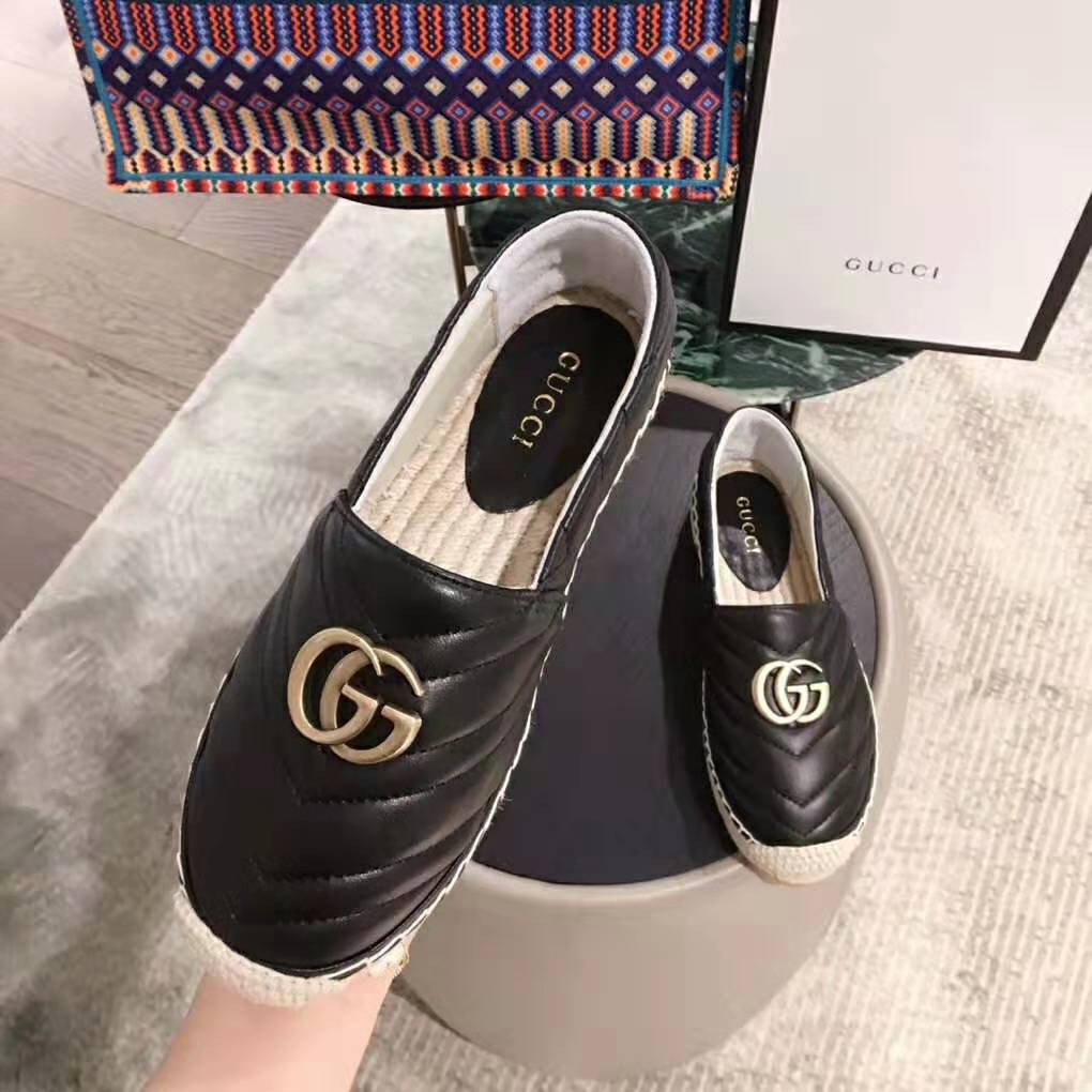 Gucci Women Leather Espadrille with Double G in Matelassé Chevron Leather-Black