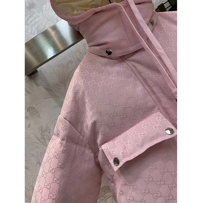 Gucci Women GG Cotton Canvas Puffer Jacket Light Pink GG Lined Interlocking G Two Front Pockets