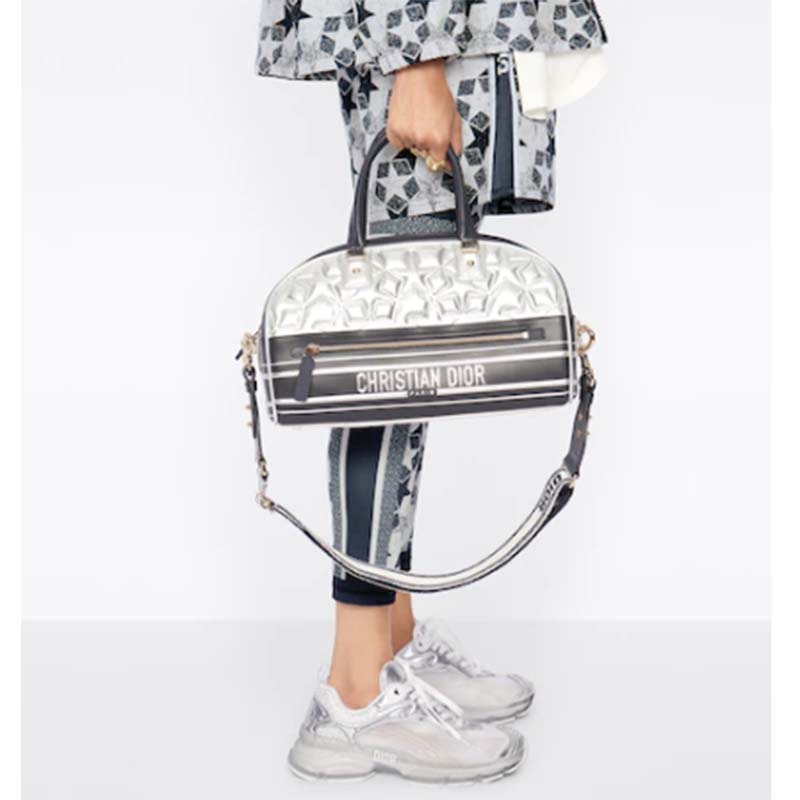 Dior Women CD Medium Vibe Zip Bowling Bag Black Silver Padded Étoile Calfskin