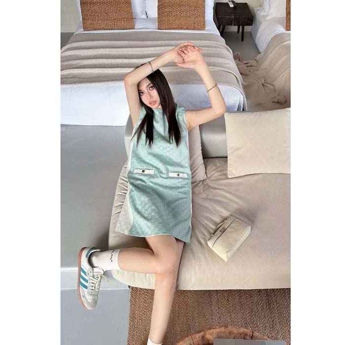 Gucci Women Reversible GG Canvas Dress Pale Blue Unlined Crewneck Sleeveless Two Front Pockets