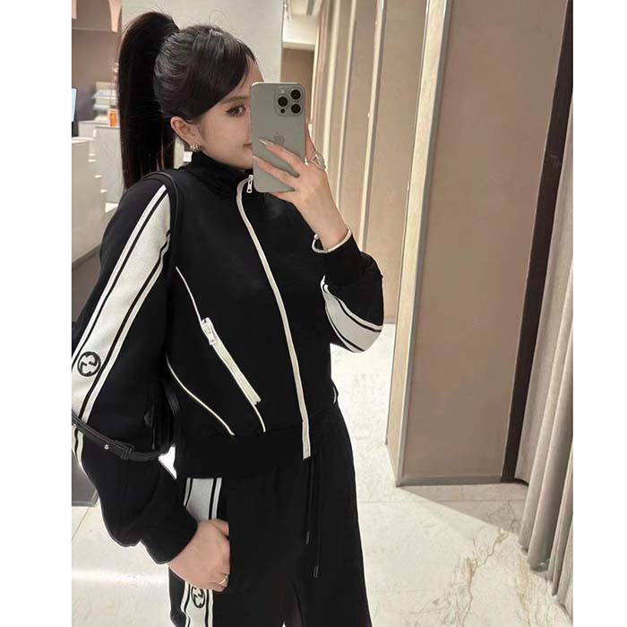 Gucci GG Women Cotton Jersey Zip Jacket Black Lightweight Felted Point Collar Long Sleeves