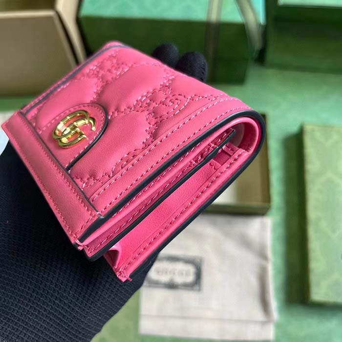 Gucci Unisex GG Marmont Card Case Wallet Pink GG Matelassé Leather Double G