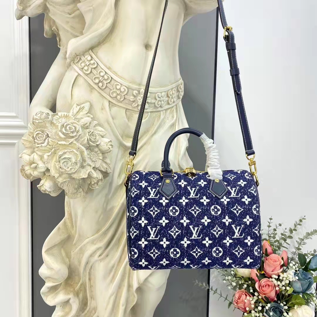 Louis Vuitton LV Women Speedy Bandoulière 25 Handbag Navy Blue Denim Jacquard Calfskin