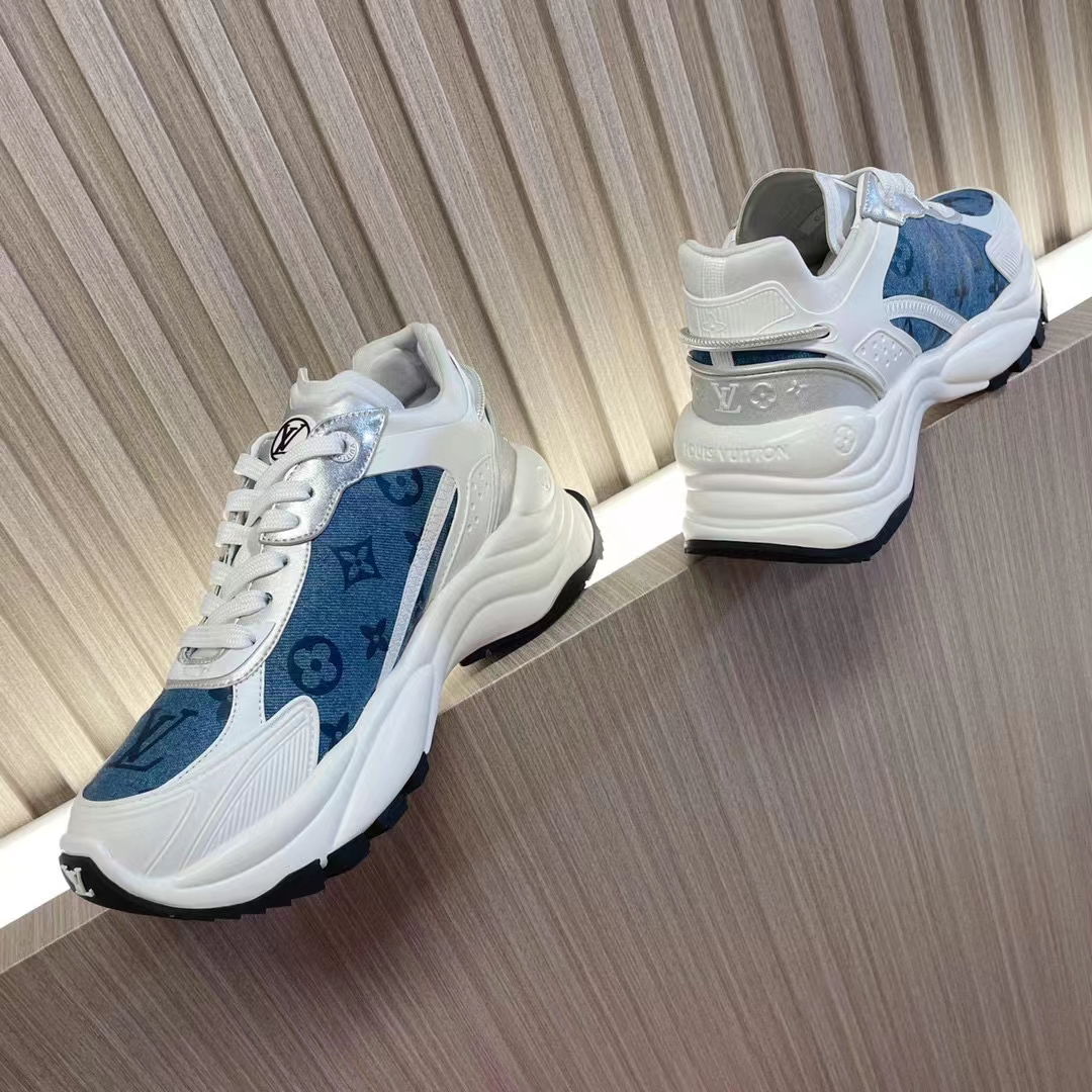 Louis Vuitton Unisex Run 55 Sneaker Denim Blue Monogram Flowers Lifted Rubber LV Circle Initials
