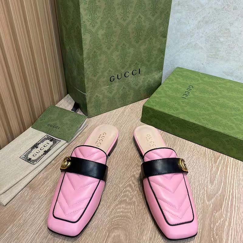 Gucci Women GG Slipper Double G Pink Leather Matelassé Chevron Insert