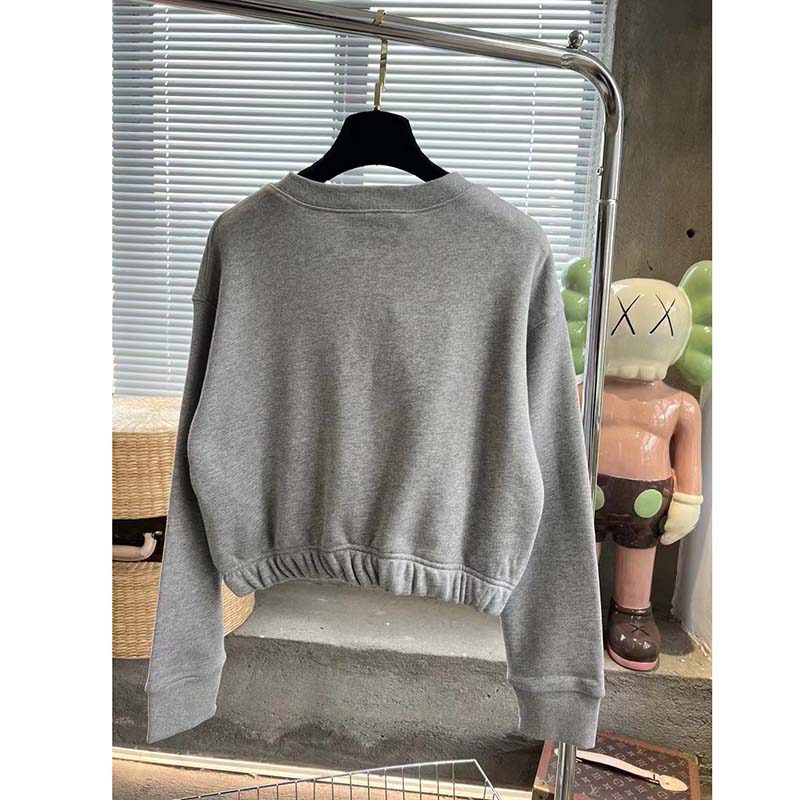 Gucci GG Women Cotton Jersey Sweatshirt Grey Heavy Felted Cotton Crewneck Long Sleeves