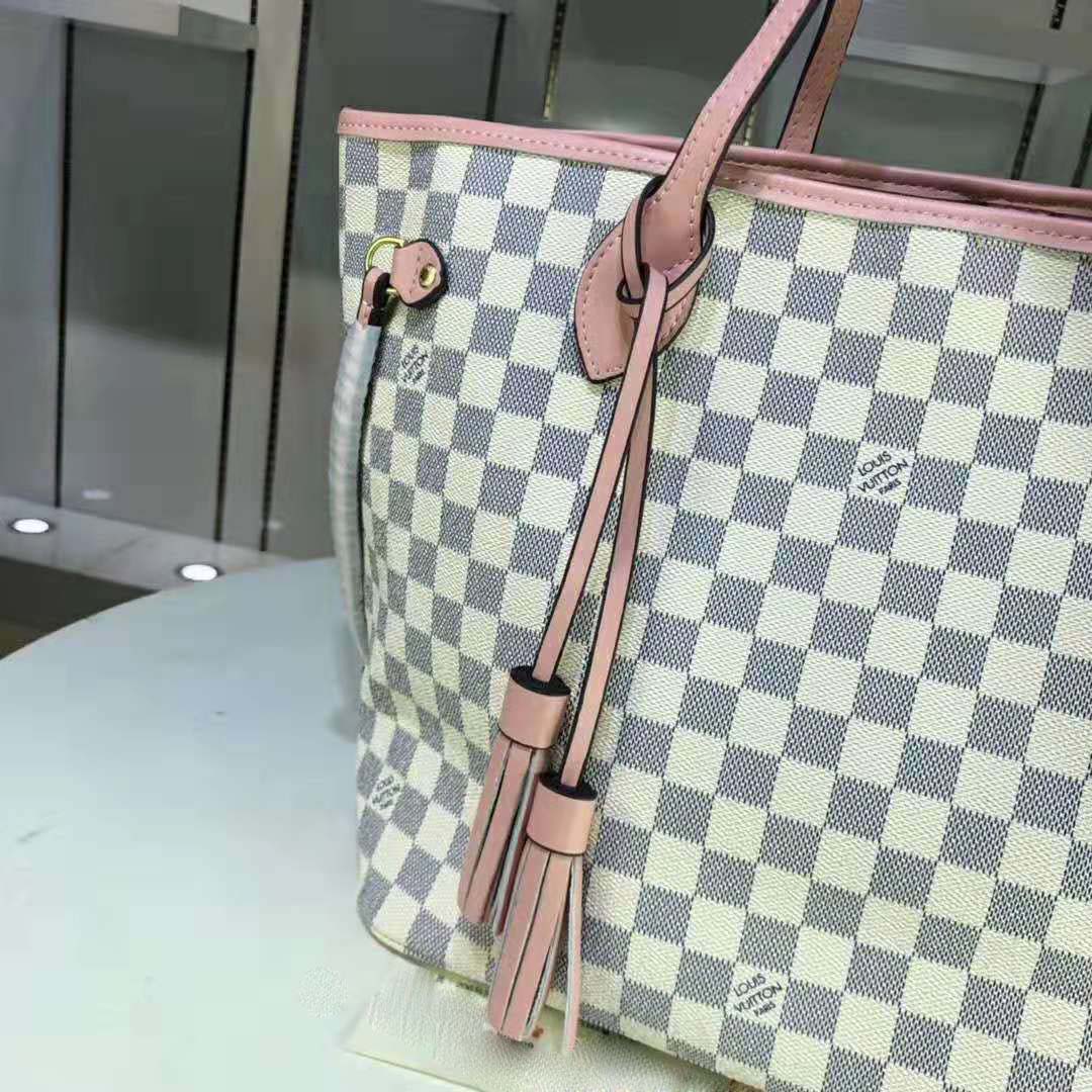 Louis Vuitton LV Women Neverfull MM Tote Bag in Damier Azur Canvas-Pink