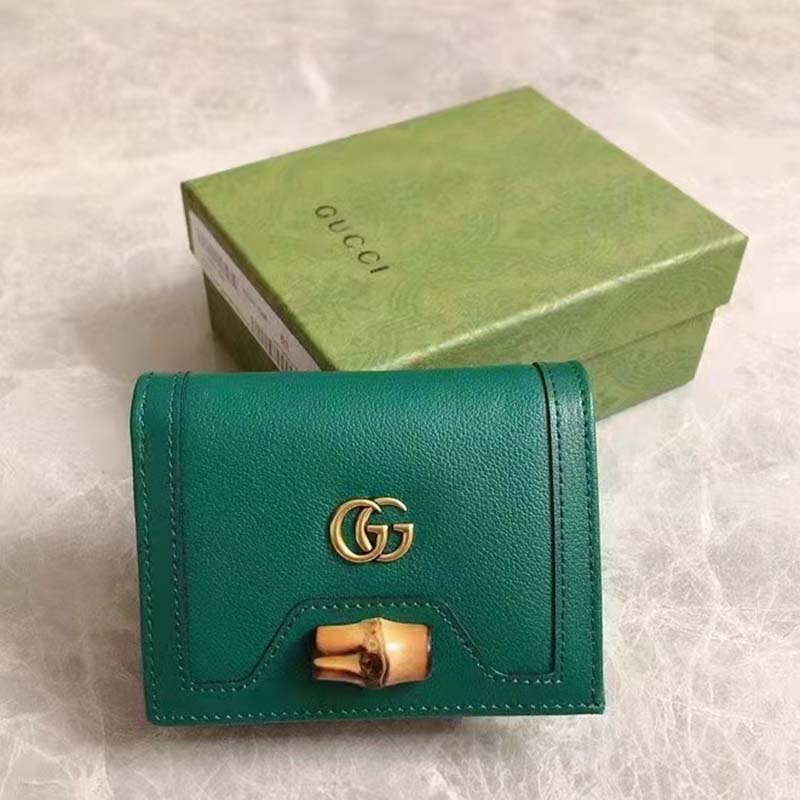Gucci Women Gucci Diana Card Case Wallet Double GG Green Leather