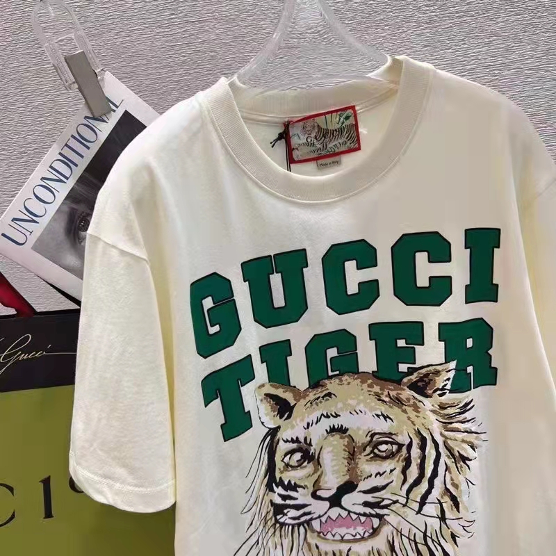 Gucci Women GG Tiger Cotton T-Shirt White Jersey Tiger Head Crewneck