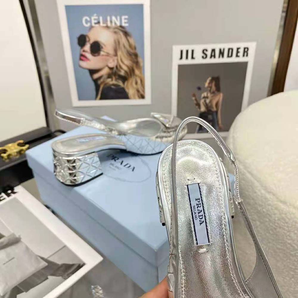 Prada Women Metallic Leather Slingback Pumps in 45mm Heel Height-Silver