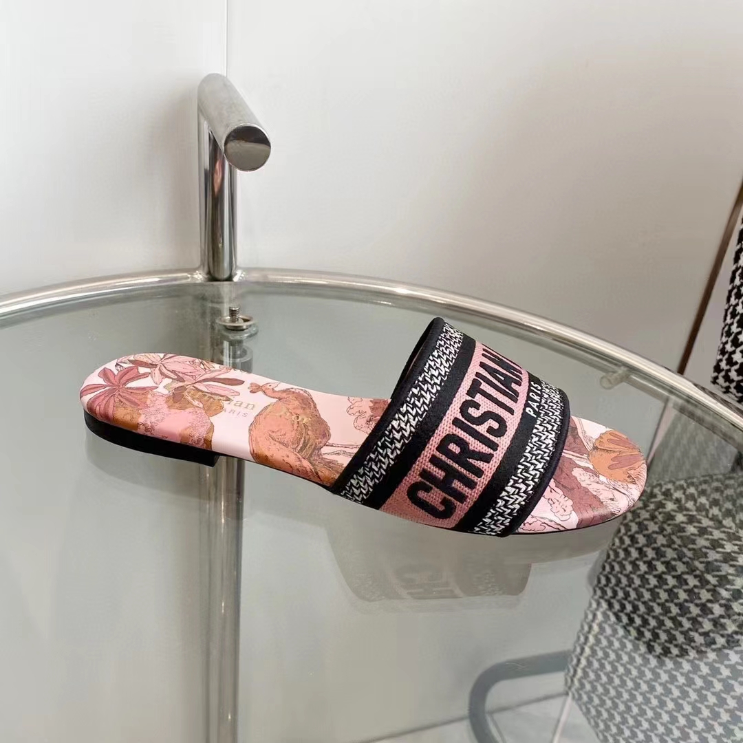 Dior Unisex CD Dway Slide Embroidered Cotton Indy Pink Multicolor Toile De Jouy Voyage