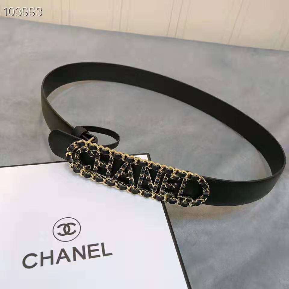 Chanel Women Calfskin Gold-Tone Metal & Lambskin Belt-Black