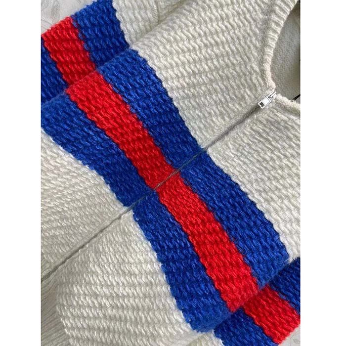 Gucci Women GG Wool Mohair Cardigan Web Knitted Collar Dropped Shoulder Long Sleeves