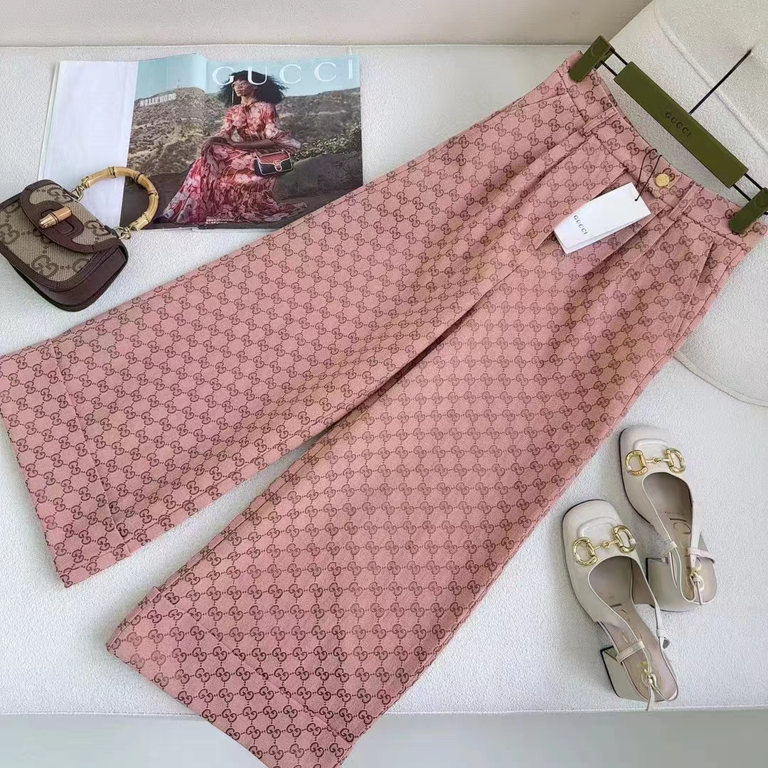 Gucci Women GG Cotton Canvas Pant Light Pink Brown Unlined Fitted Waistband Two Back Pockets