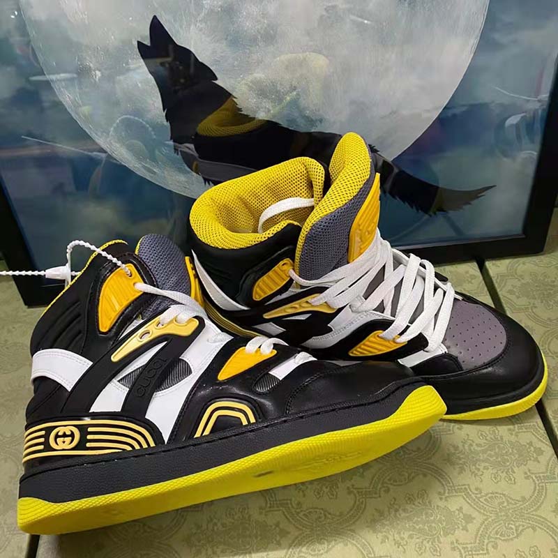 Gucci Unisex GG Gucci Basket Sneaker Black Demetra Rubber Interlocking Grey Mesh