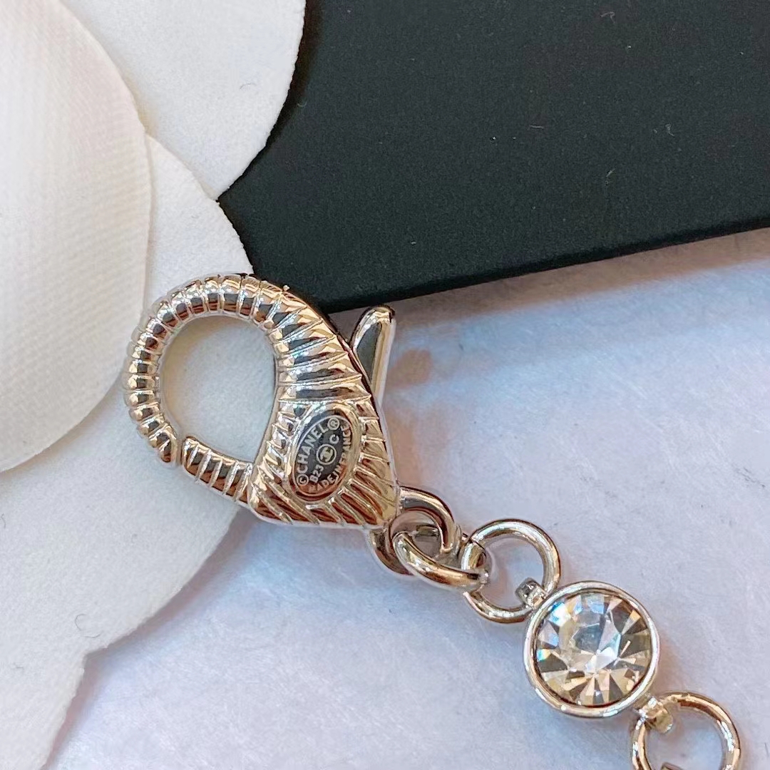 Chanel Women CC Belt Metal Strass Imitation Pearls Silver Crystal Pearly White