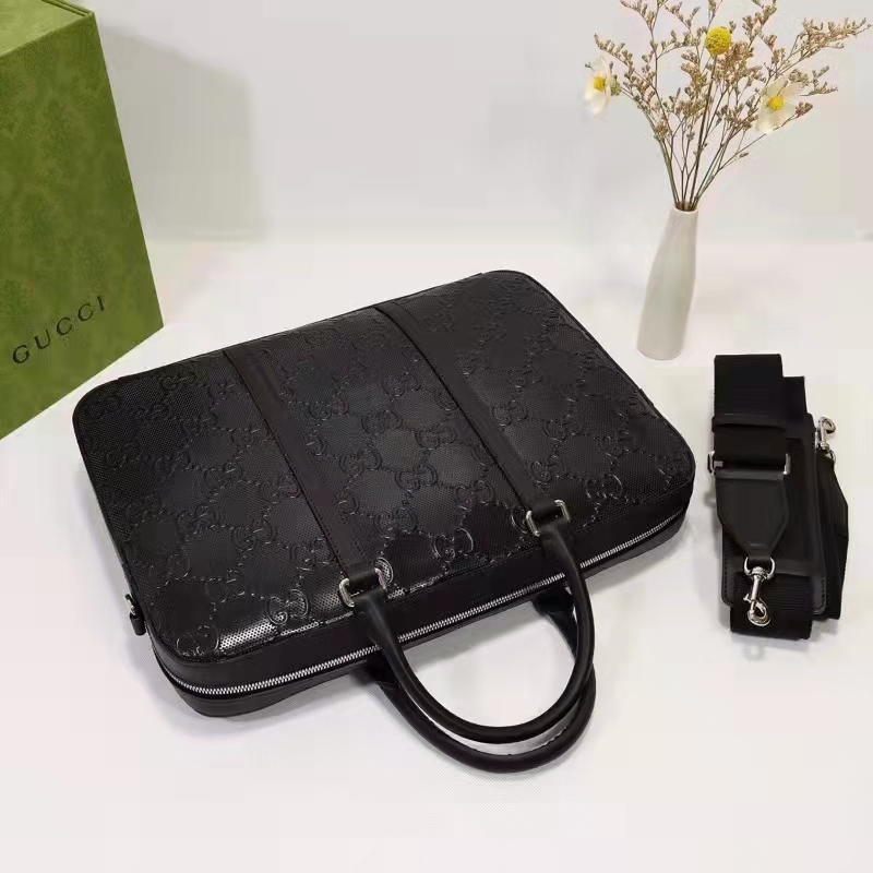 Gucci Unisex GG Embossed Briefcase Bag Black GG Embossed Leather