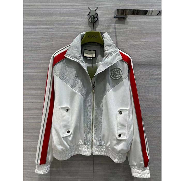 Gucci Women GG Technical Jersey Zip Sweatshirt Interlocking G Embroidered Patch High Neck Dropped Shoulder
