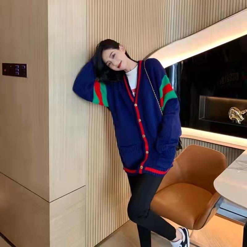Gucci Women Gucci 100 Wool Cardigan Blue Wool Green Red V-Neck
