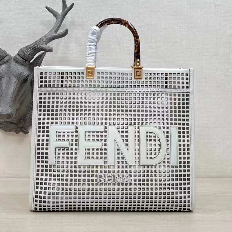 Fendi Women Sunshine Medium White Two-Toned Perforated Leather Shopper