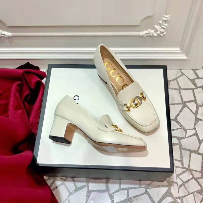 Gucci Women Gucci Zumi Leather Mid-Heel Loafer with Interlocking G Horsebit in 5.6 cm Height-White