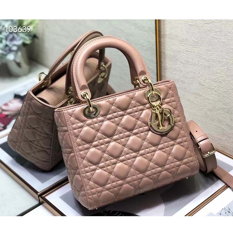 Dior Women CD Medium Lady Dior Bag Blush Cannage Lambskin