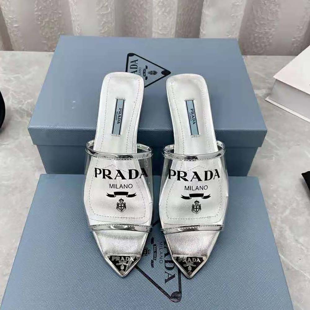 Prada Women Logo-Print Plexiglas Slides-Silver