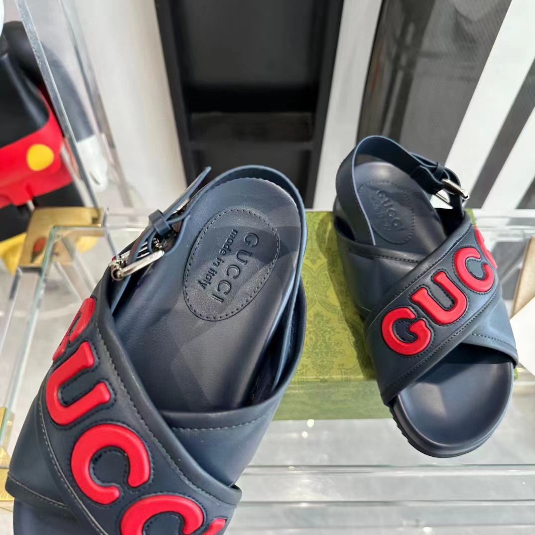 Gucci Unisex GG Gucci Sandal Smooth Blue Red Leather Script Rubber Buckle Flat