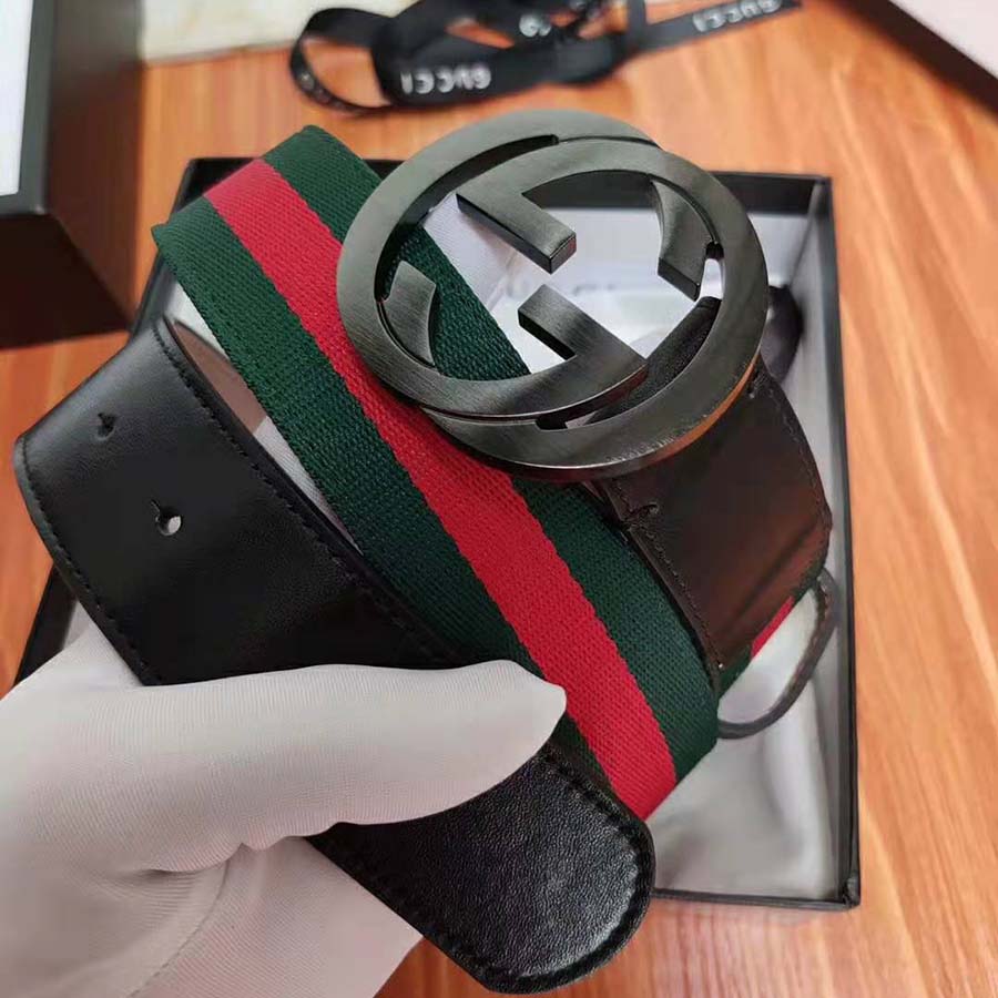 Gucci Unisex GG Web Belt with G Buckle in Green and Red Web