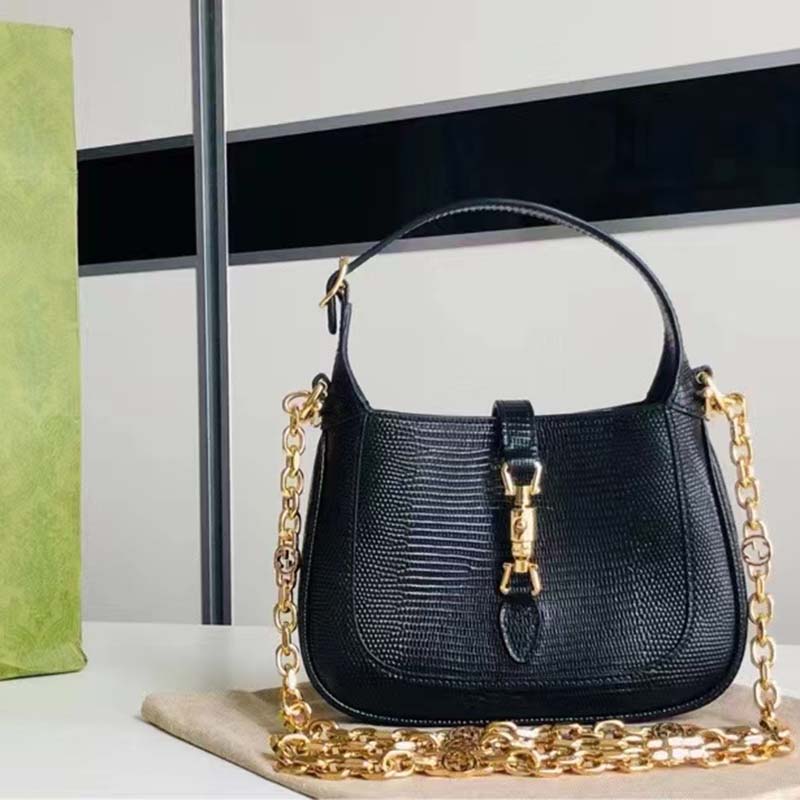 Gucci Women GG Jackie 1961 Lizard Mini Bag Black Lizard Gold-Toned Hardware