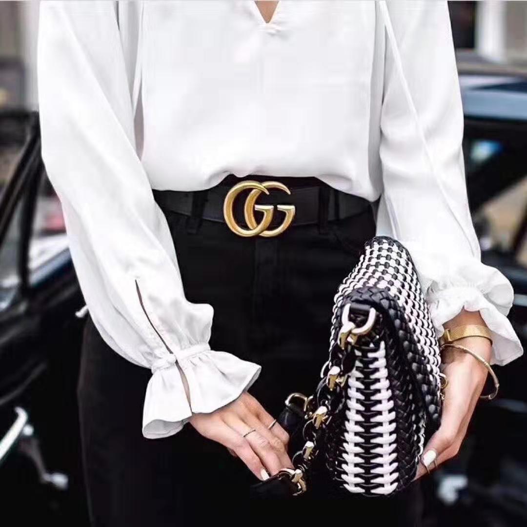 Gucci Unisex Wide Leather Belt with Double G Buckle-Black