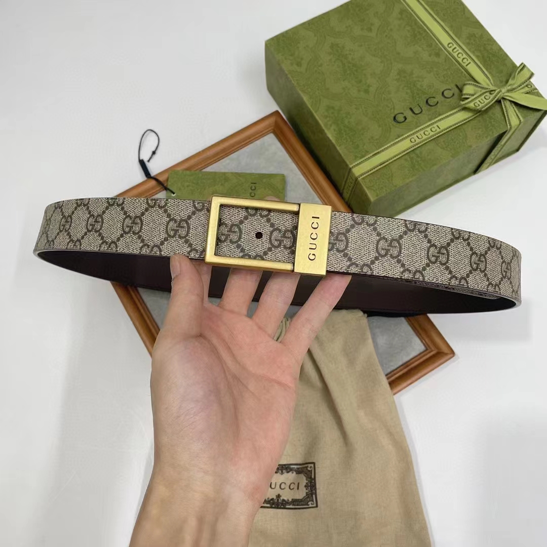 Gucci Unisex Belt Rectangular Buckle Beige Ebony GG Supreme Canvas 3.6 CM Width