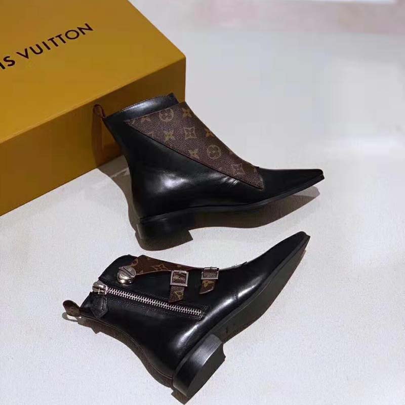 Louis Vuitton LV Women Jumble Flat Ankle Boot in Calf Leather and Patent Monogram Canvas-Black