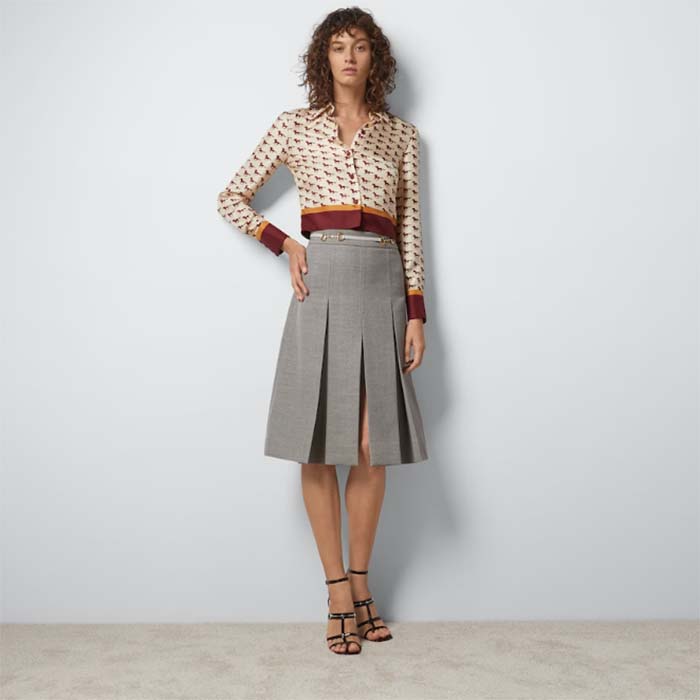 Gucci Women GG Diagonal Horses Print Silk Shirt Point Collar Long Sleeves