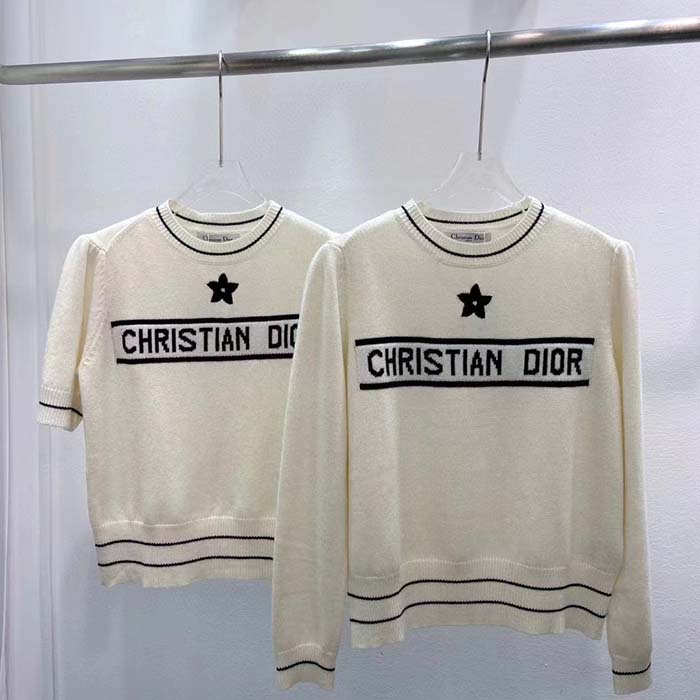 Dior Women Christian Dior Short-Sleeved Sweater Ecru Cashmere Wool Knit