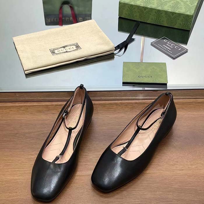 Gucci Women GG Ballet Flat Double G Black Leather Sole Flat 1 Cm Heel