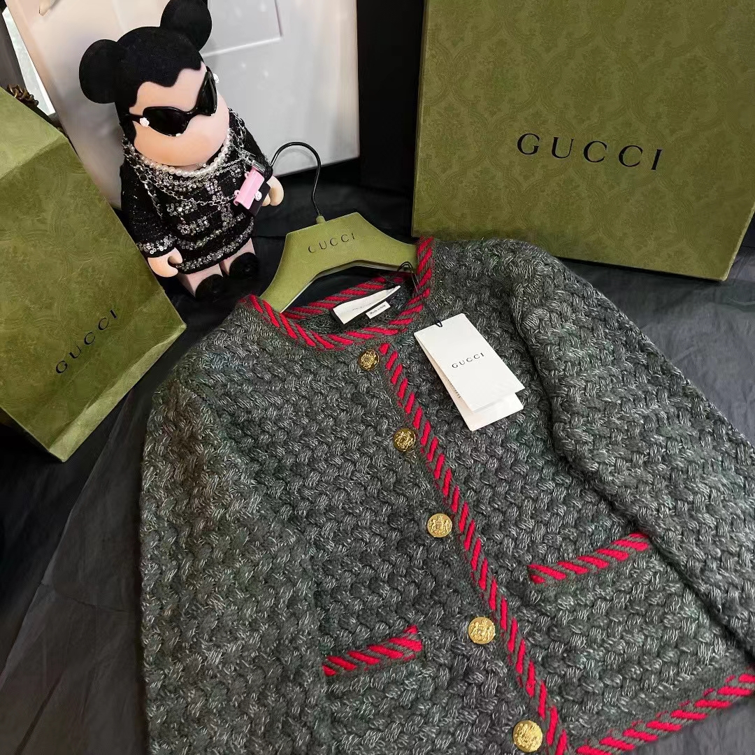Gucci Women GG Cable Knit Wool Jacket Dark Green Collarless Wool Cotton