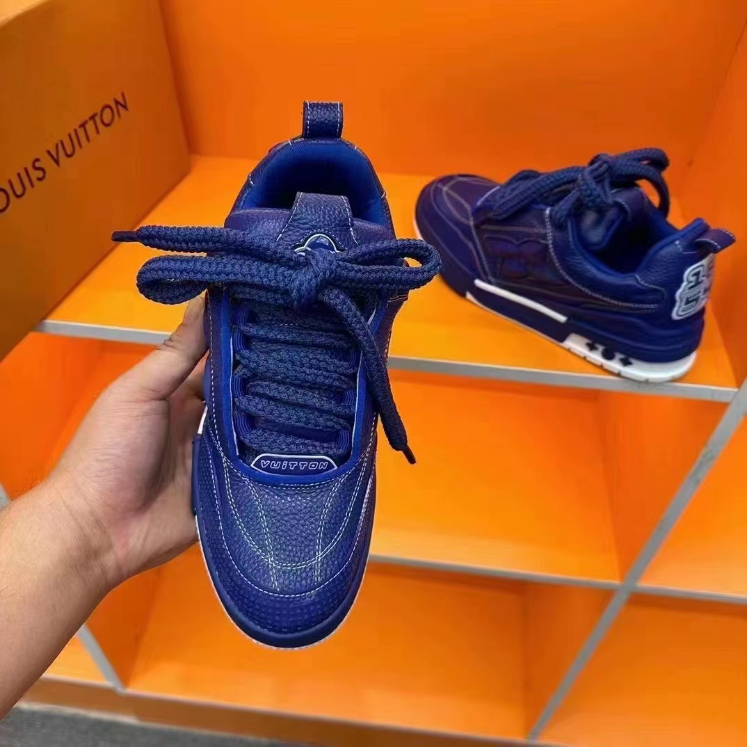 Louis Vuitton Unisex LV Skate Sneaker Blue Grained Calf Leather Double Laces Rubber Outsole