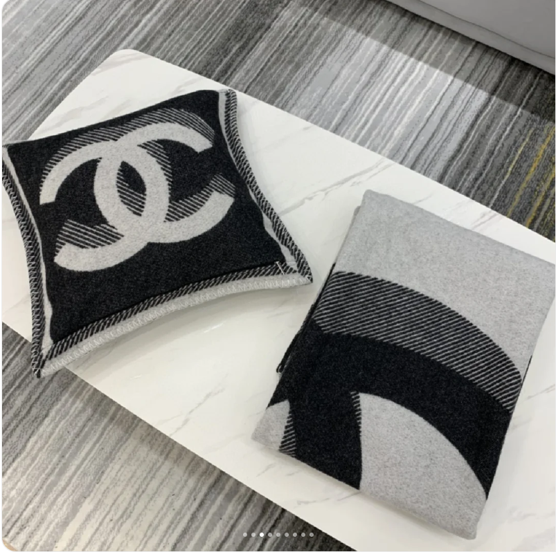 Chanel Unisex CC Cushion Cotton Wool Tweed Beige Black Multifunction