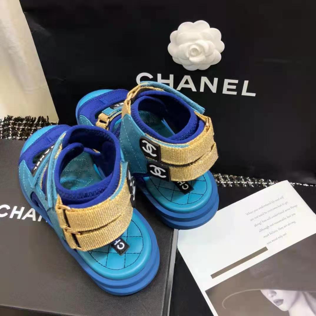 Chanel Women Sandals Goatskin Fabric & TPU Blue Dark Blue & Black