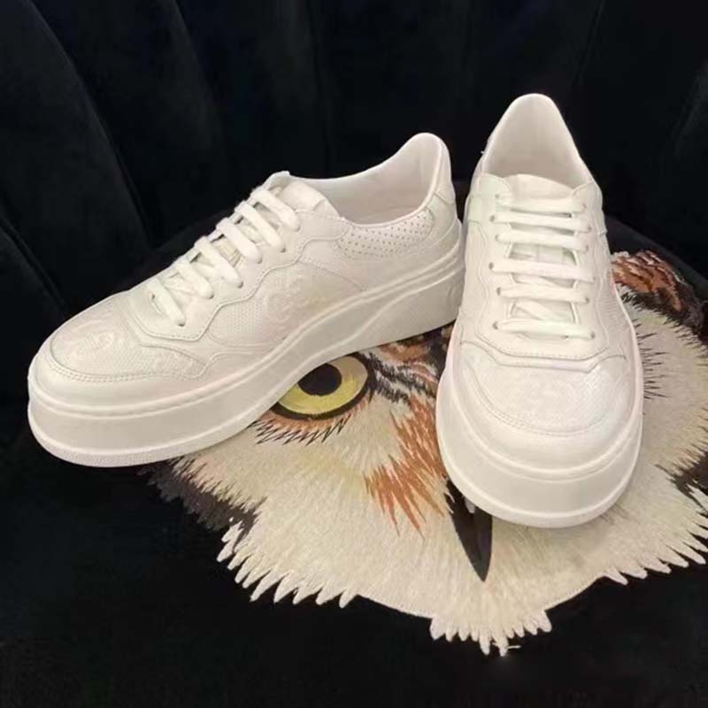Gucci Unisex GG Embossed Sneaker White Smooth Leather Lace Up Flat