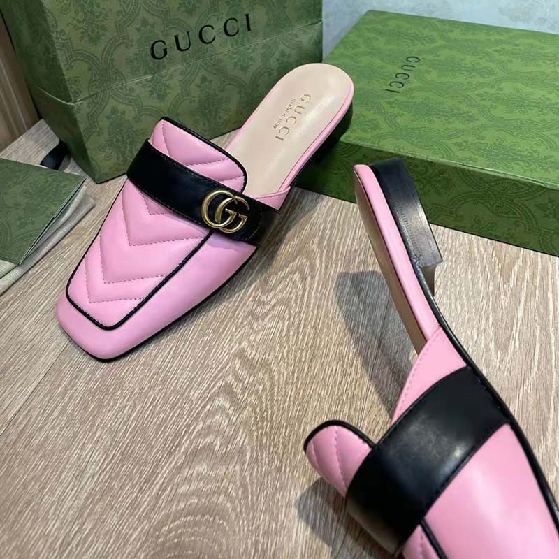 Gucci Women GG Slipper Double G Pink Leather Matelassé Chevron Insert